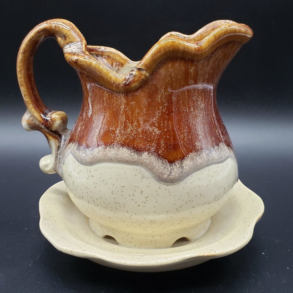 CDP Corp. Vintage Brown Beige Drip Glaze Pitcher Planter With Attached Saucer